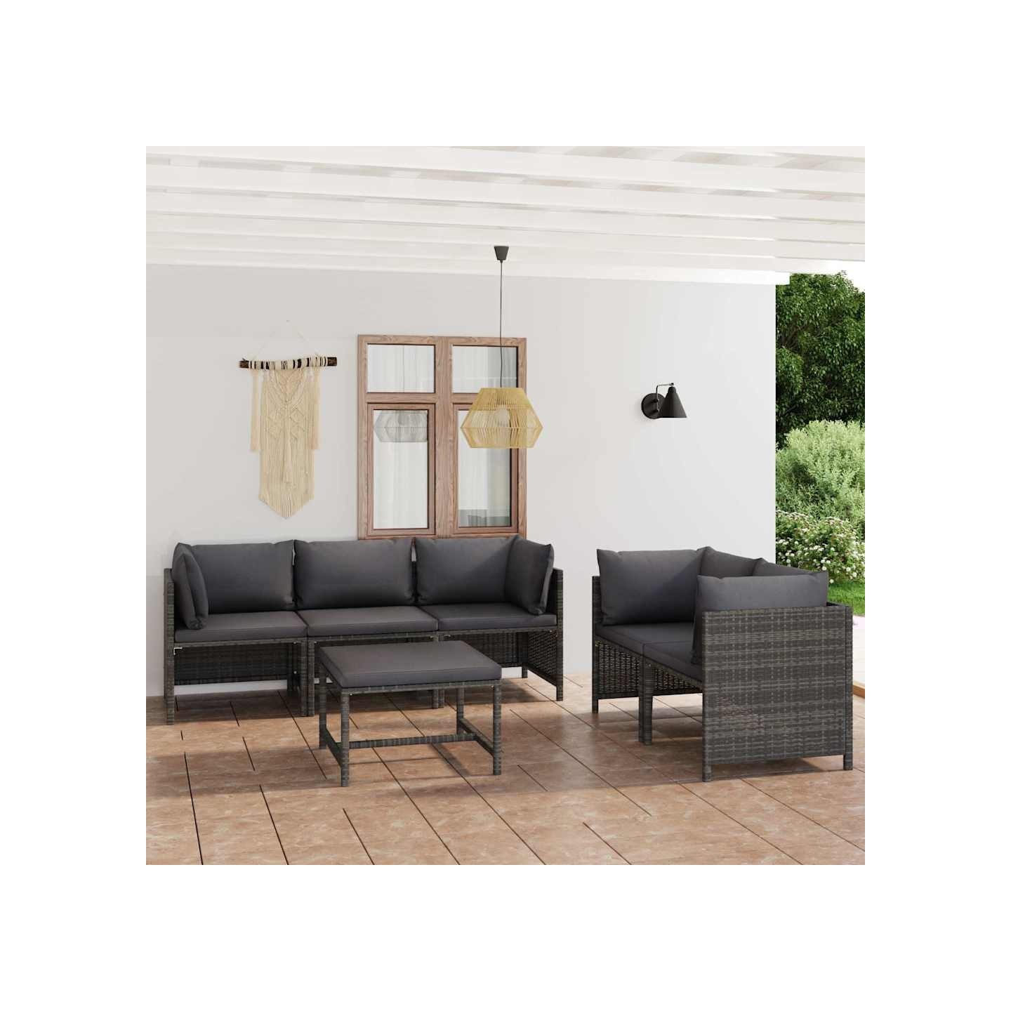 Salon de jardin 6 pcs avec coussins Résine tressée Gris