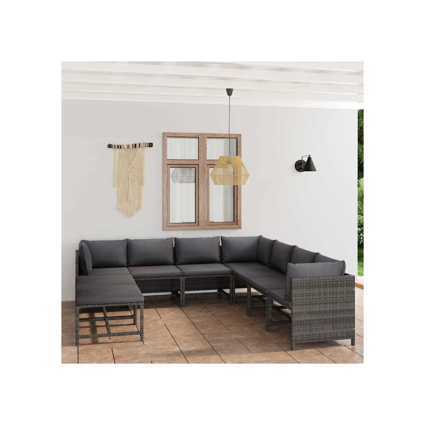 Salon de jardin 9 pcs avec coussins Résine tressée Gris