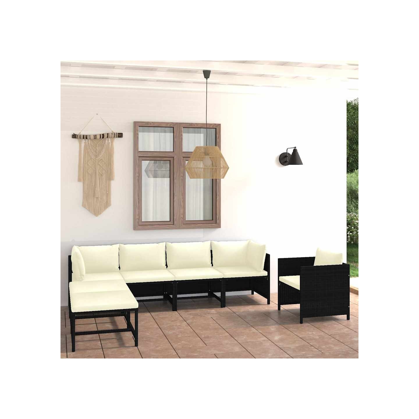 Salon de jardin 7 pcs avec coussins Résine tressée Noir