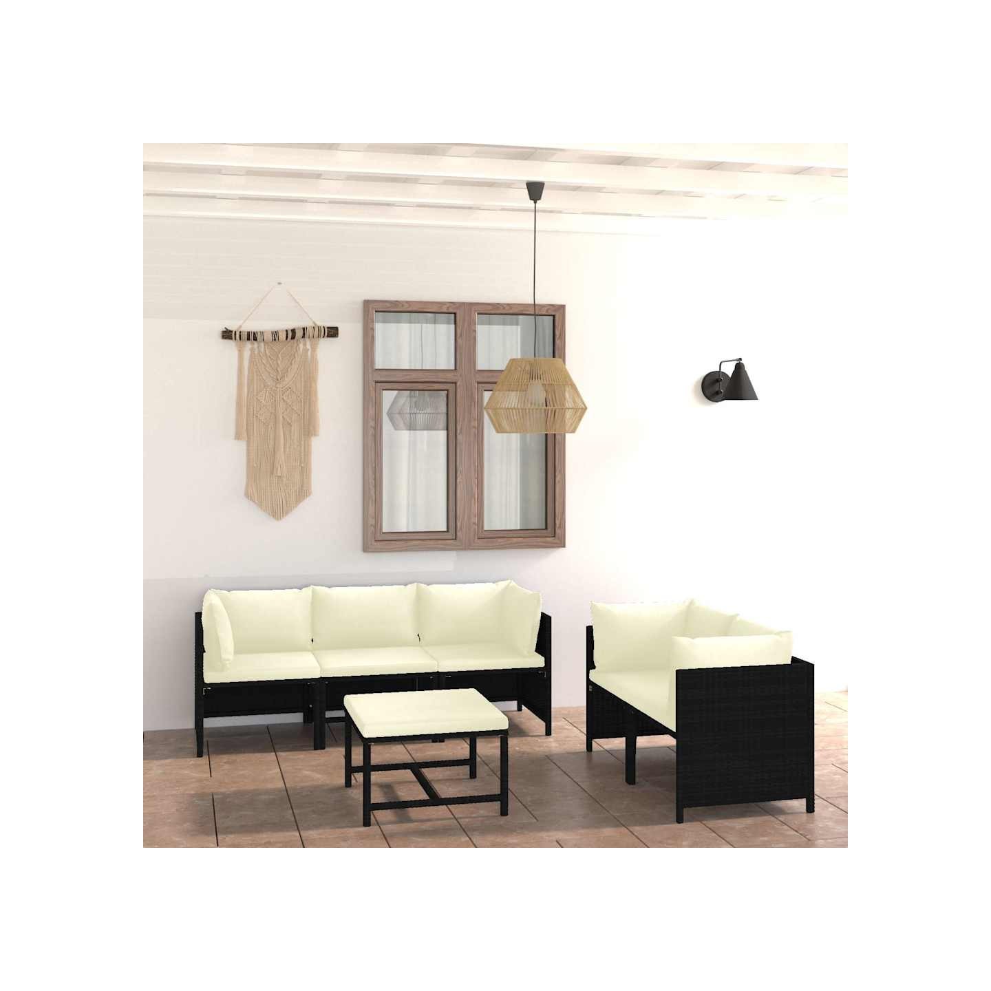 Salon de jardin 6 pcs avec coussins Résine tressée Noir