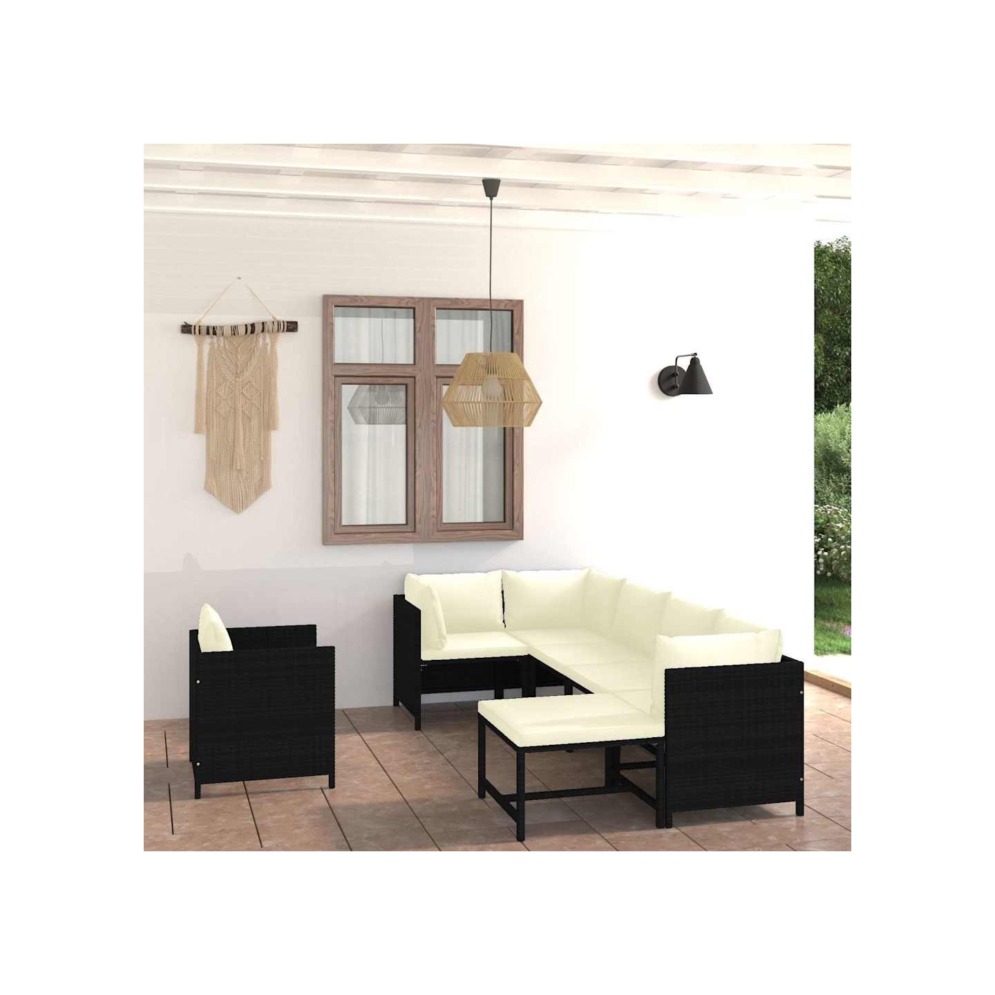 Salon de jardin 7 pcs avec coussins Résine tressée Noir