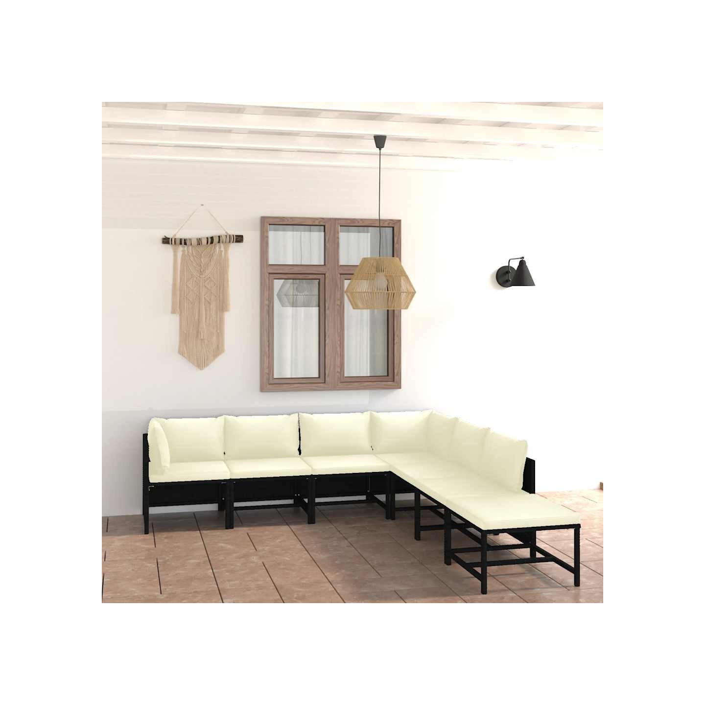 Salon de jardin 7 pcs avec coussins Résine tressée Noir