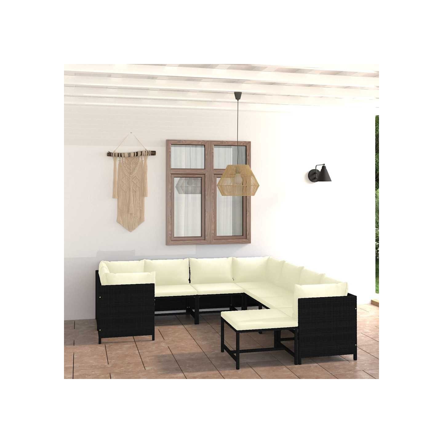 Salon de jardin 9 pcs avec coussins Résine tressée Noir