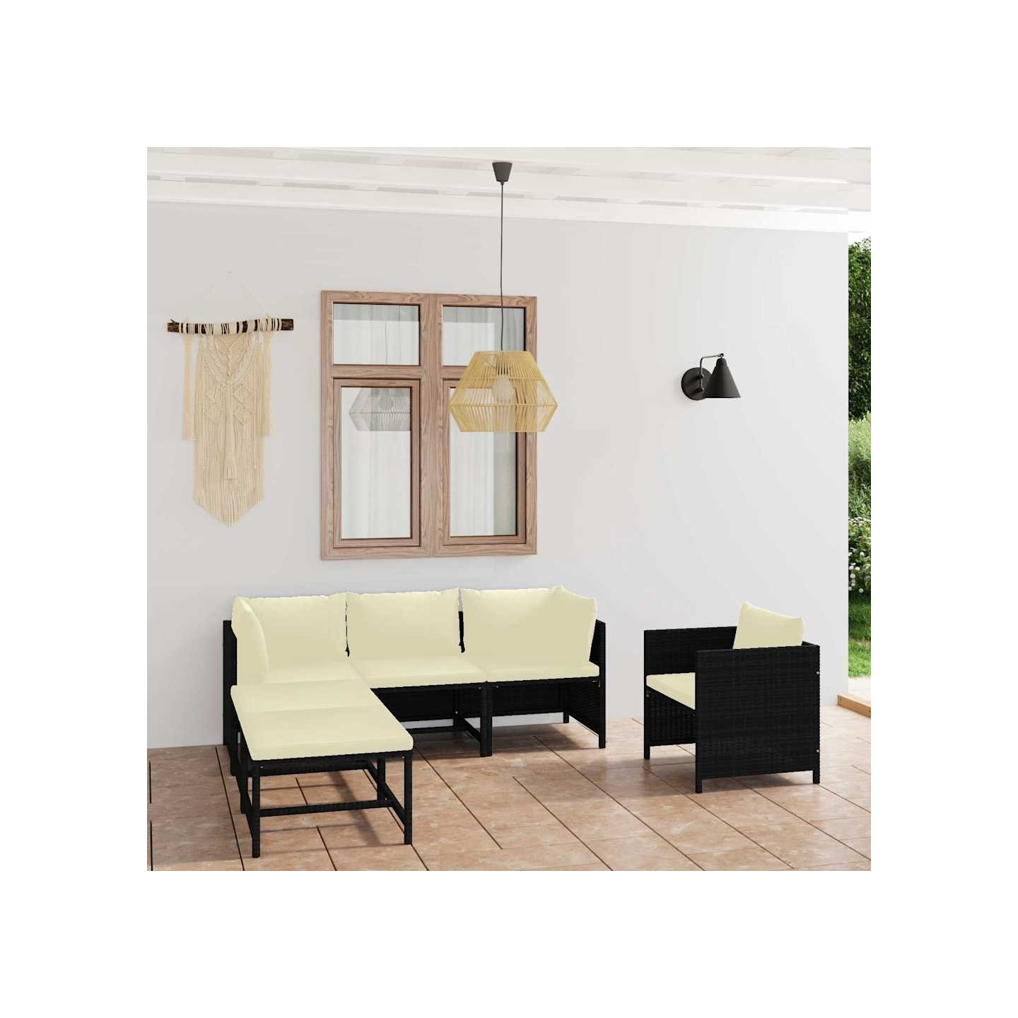 Salon de jardin 6 pcs avec coussins Résine tressée Noir