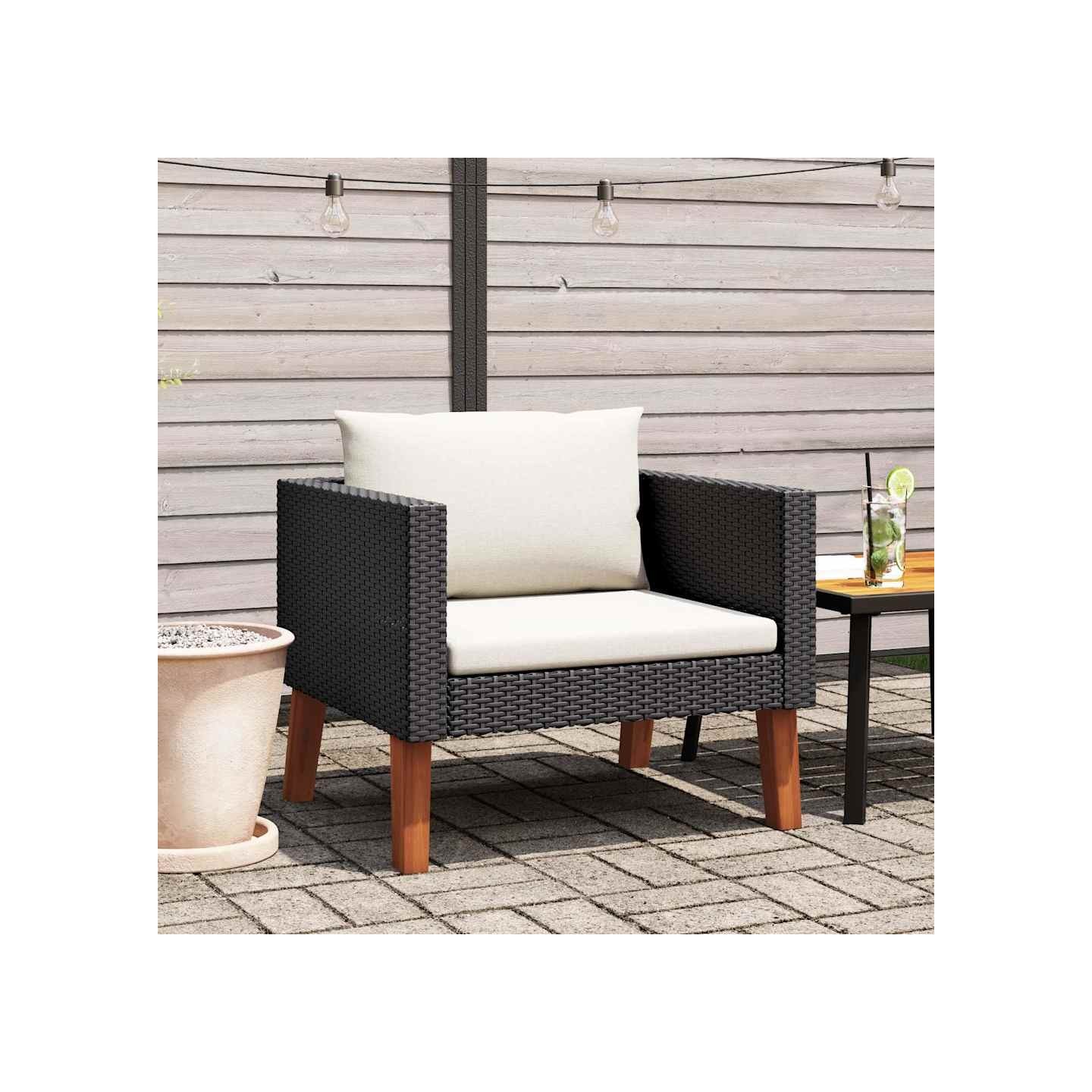Canapé simple de jardin avec coussins Résine tressée Noir