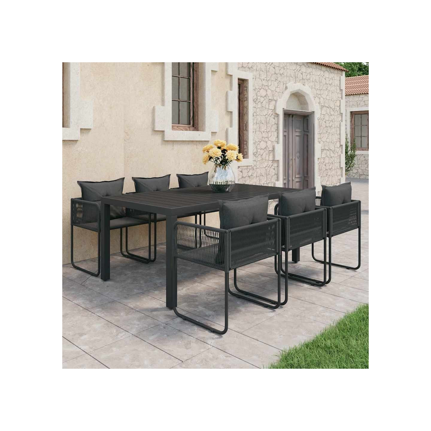 Ensemble à manger de jardin 7 pcs PVC résine tressée noir