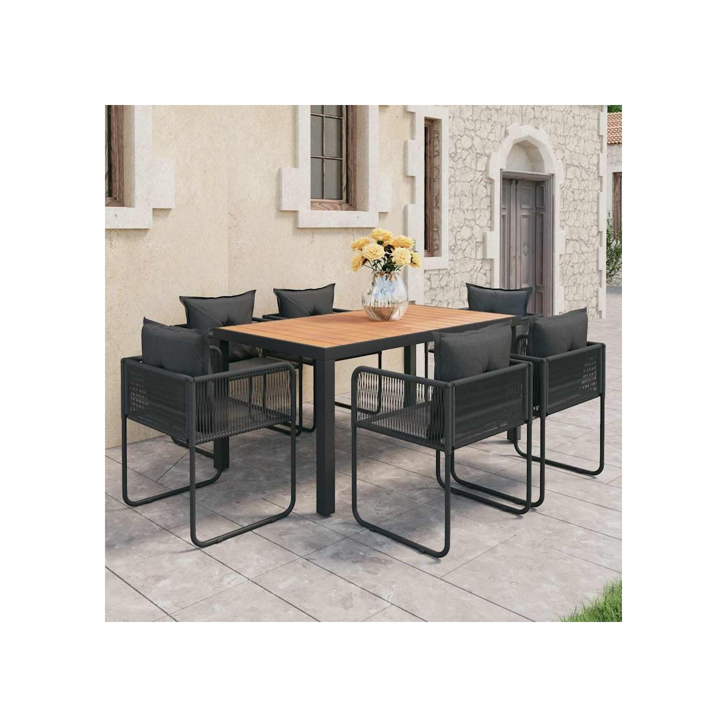 Ensemble à Manger de jardin 7pcs PVC résine tressée noir marron