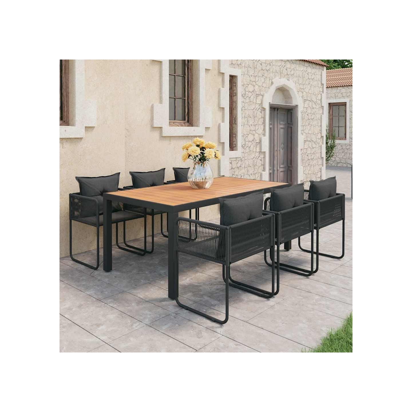 Ensemble à Manger de jardin 7pcs PVC résine tressée noir marron