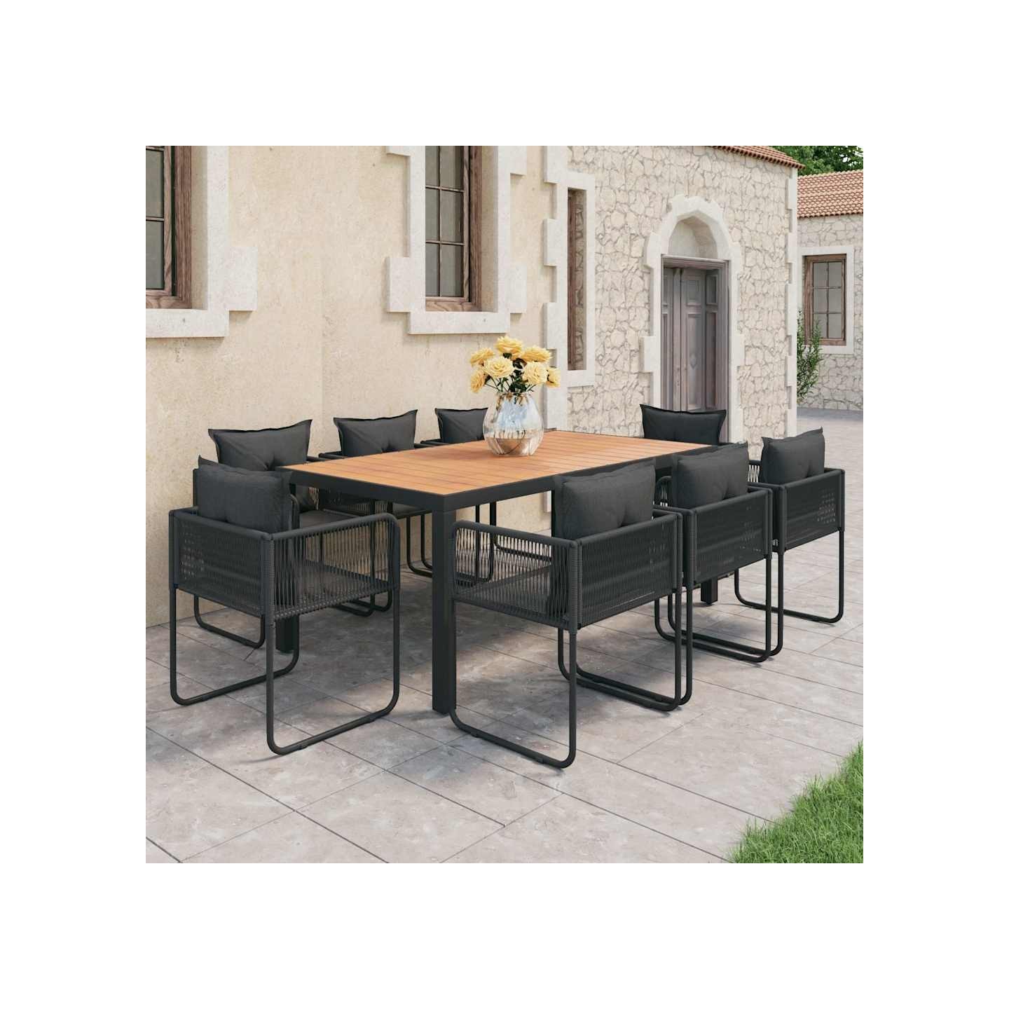 Ensemble à manger de jardin 9pcs PVC résine tressée noir marron