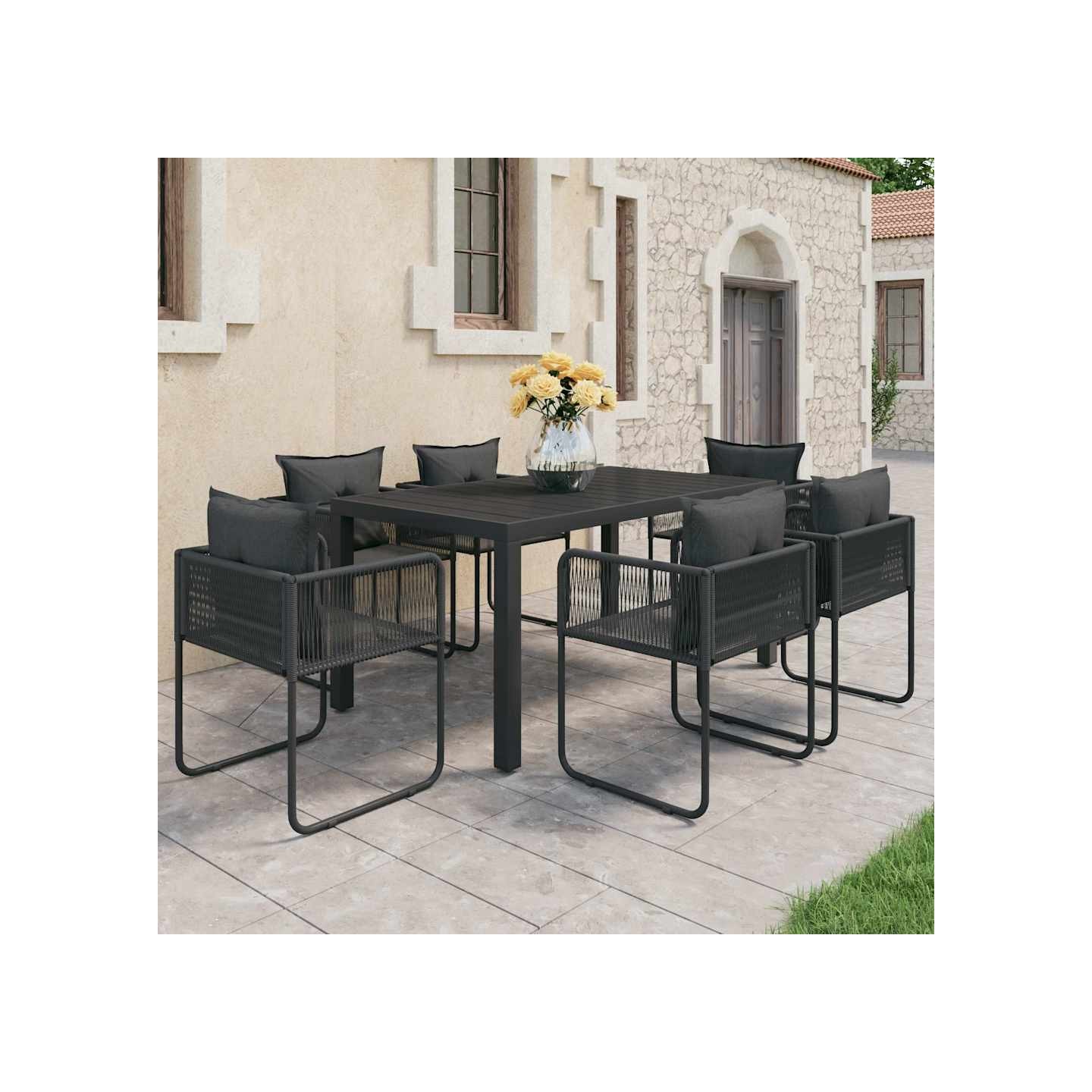 Ensemble à manger de jardin 7 pcs PVC résine tressée noir