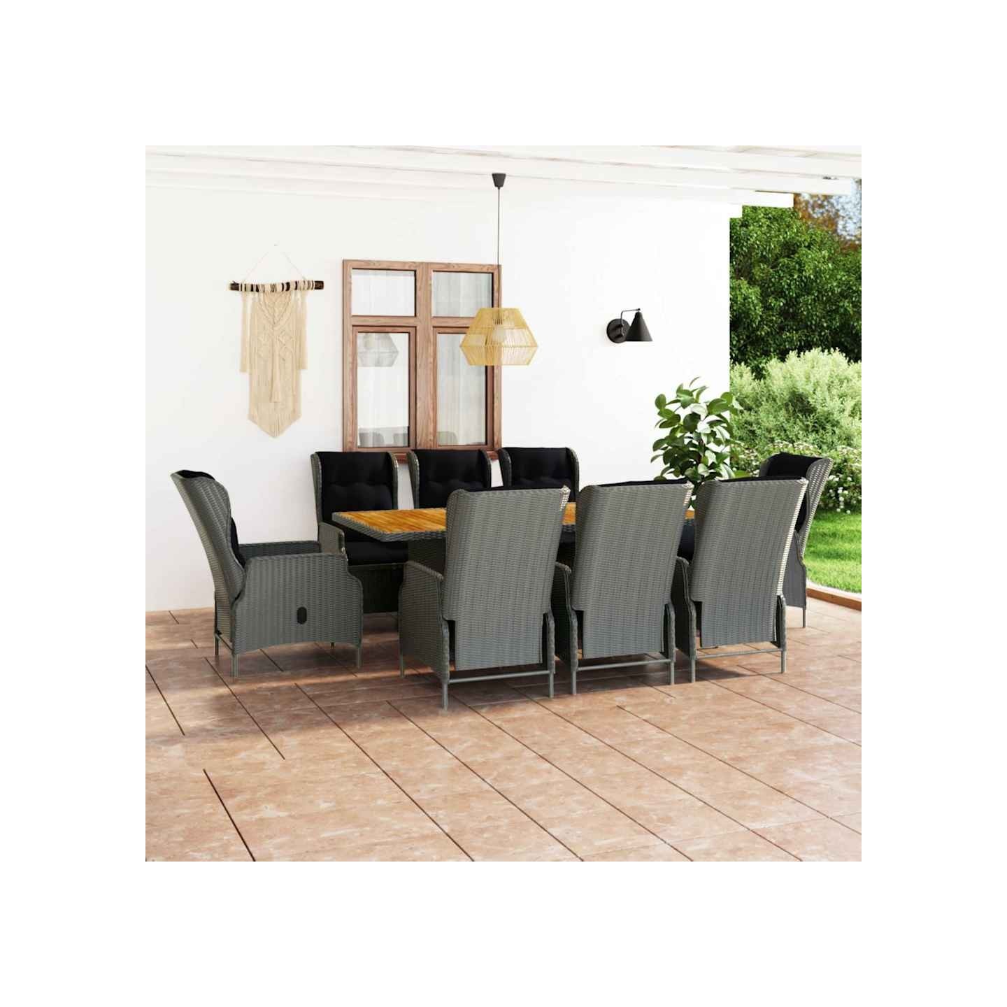 Ensemble à manger d'extérieur et coussins 9 pcs résine tressée