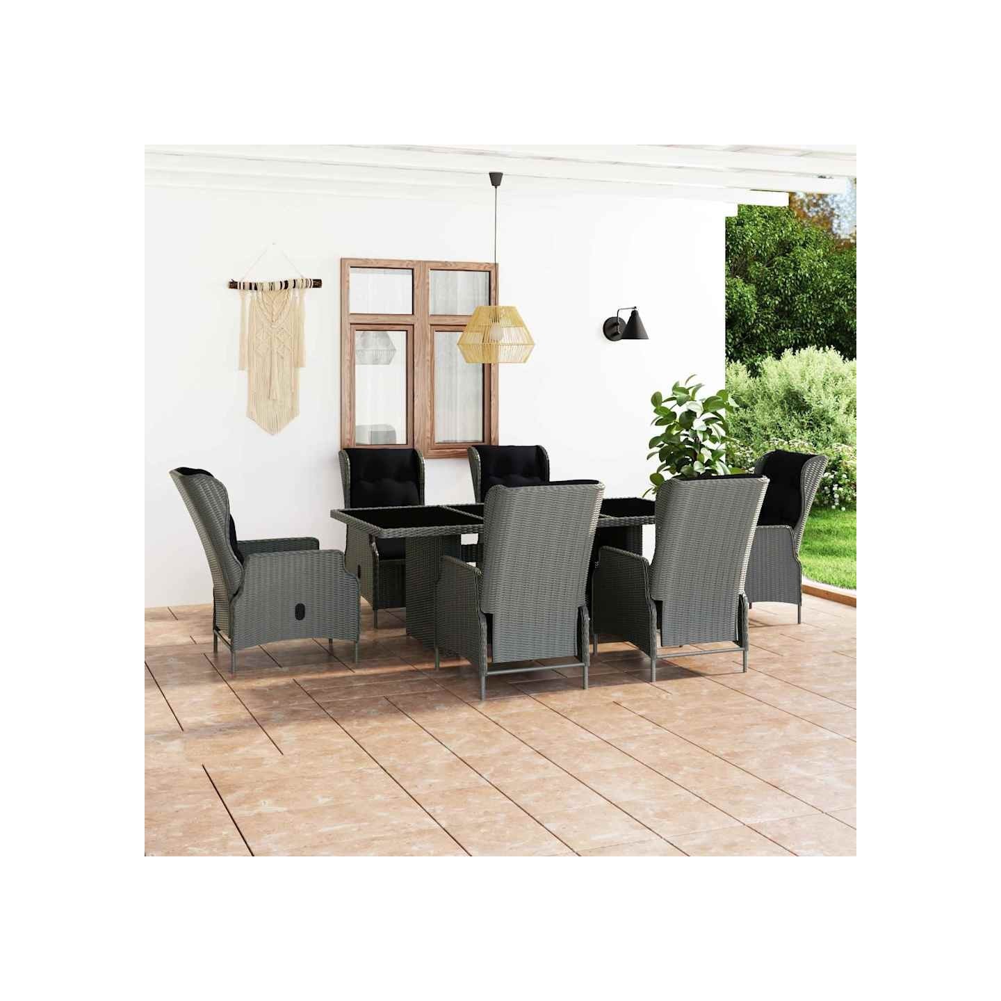 Ensemble à manger d'extérieur et coussins 7 pcs résine tressée