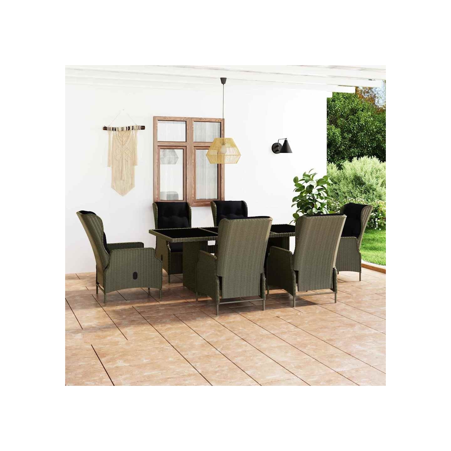 Ensemble à manger d'extérieur et coussins 7 pcs résine tressée
