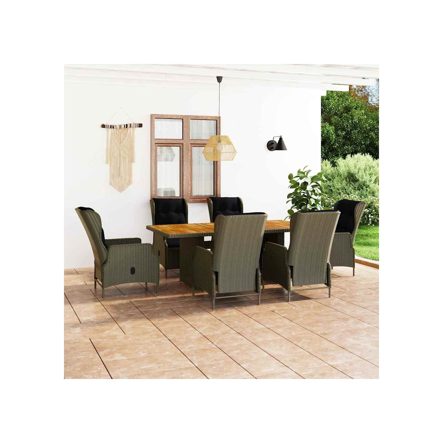 Ensemble à manger d'extérieur et coussins 7 pcs résine tressée