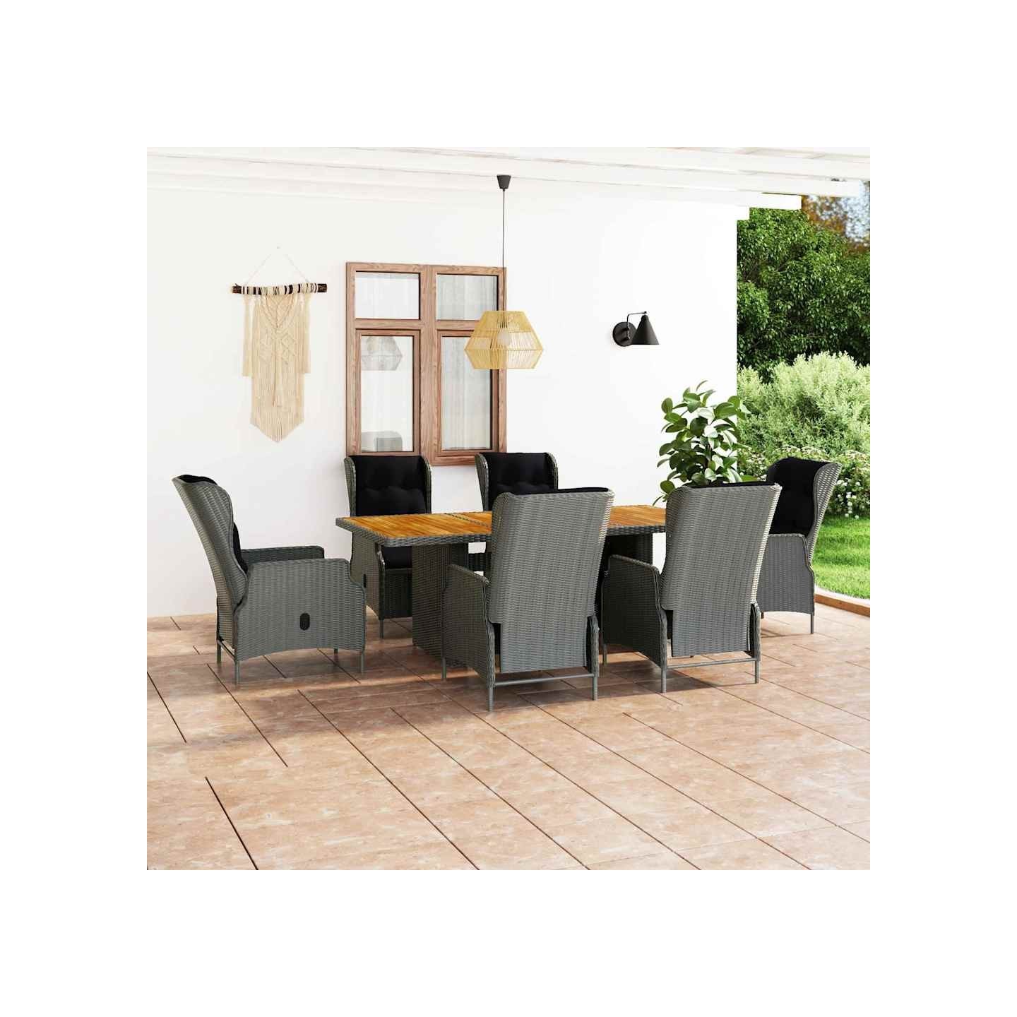 Ensemble à manger d'extérieur et coussins 7 pcs résine tressée