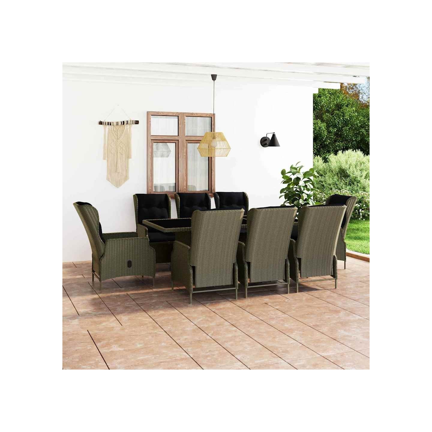 Ensemble à manger d'extérieur et coussins 9 pcs résine tressée