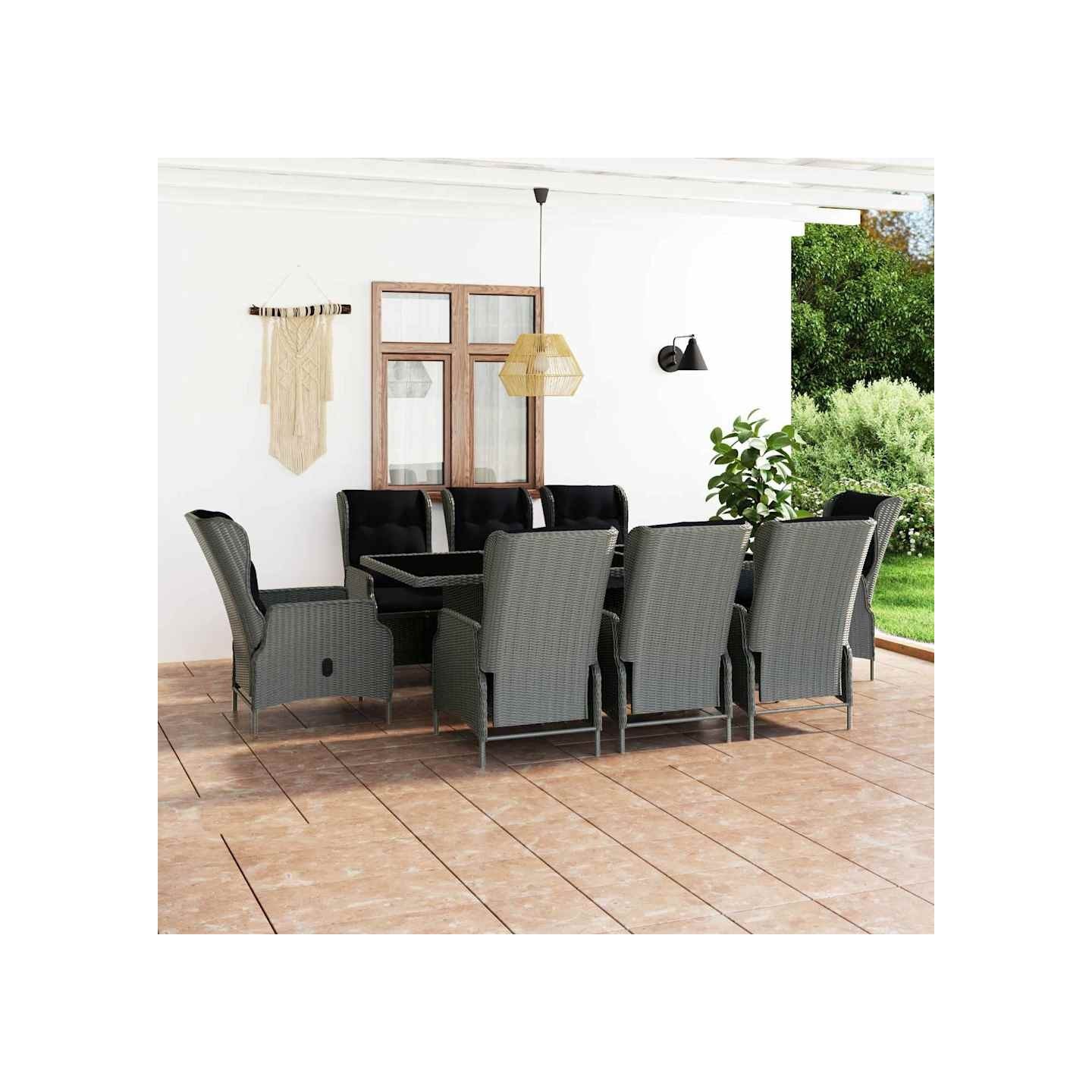 Ensemble à manger d'extérieur et coussins 9 pcs résine tressée