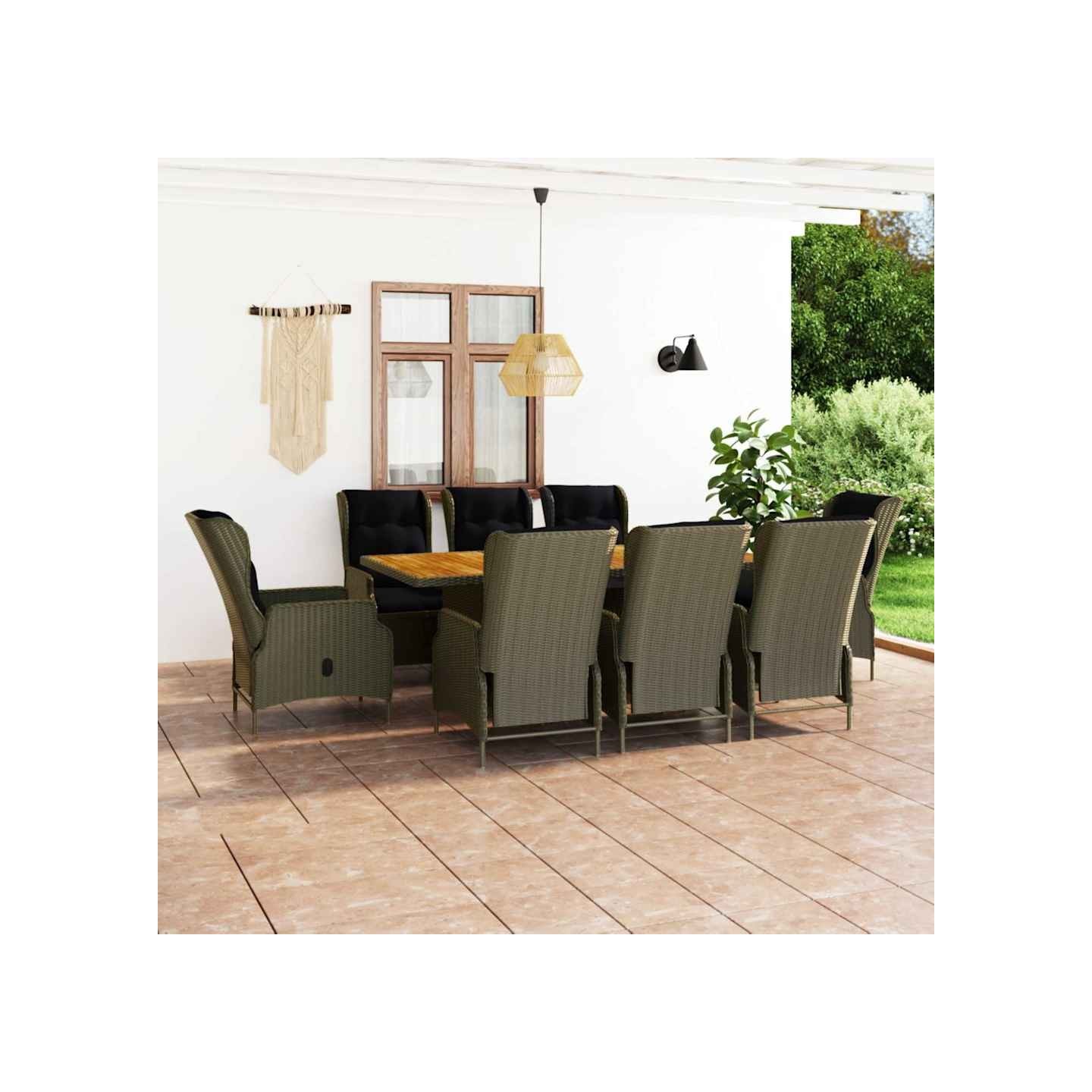 Ensemble à manger d'extérieur et coussins 9 pcs résine tressée