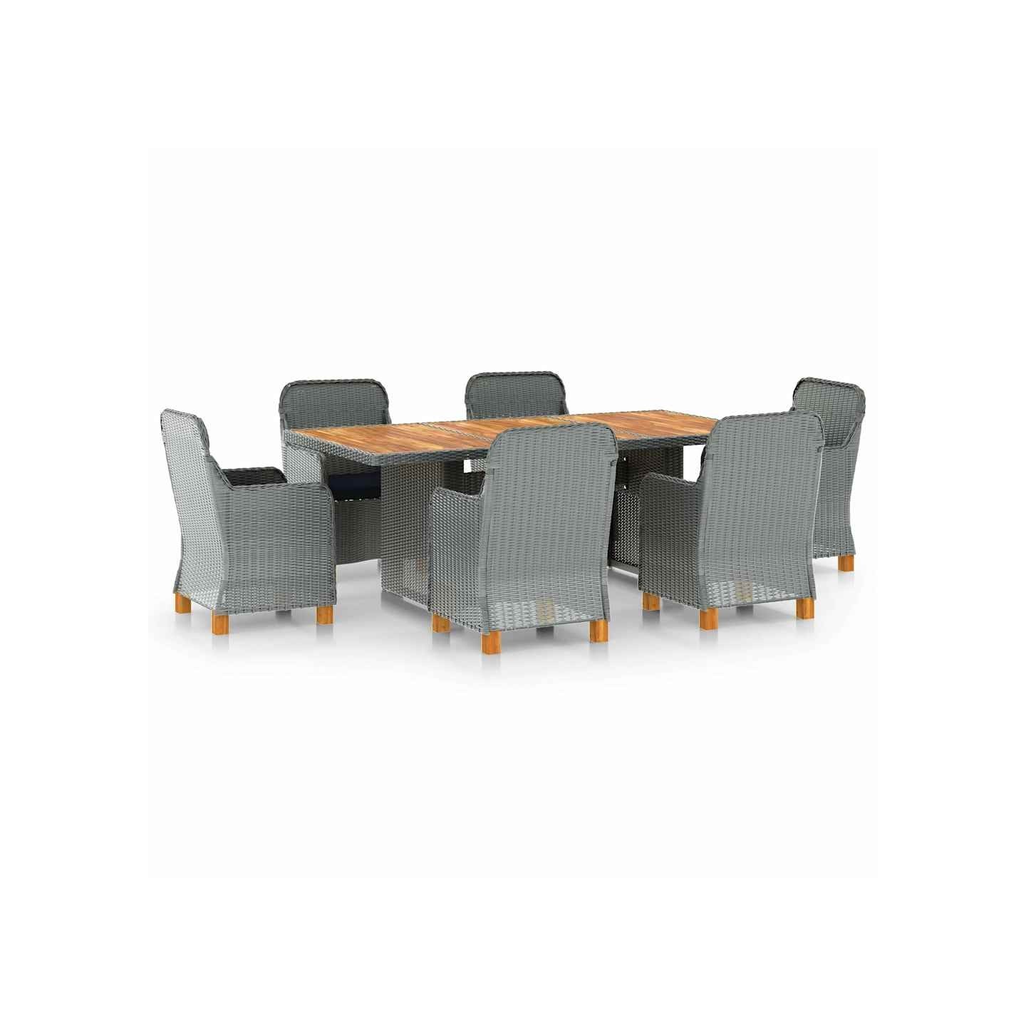 Ensemble à manger d'extérieur et coussins 7 pcs résine tressée
