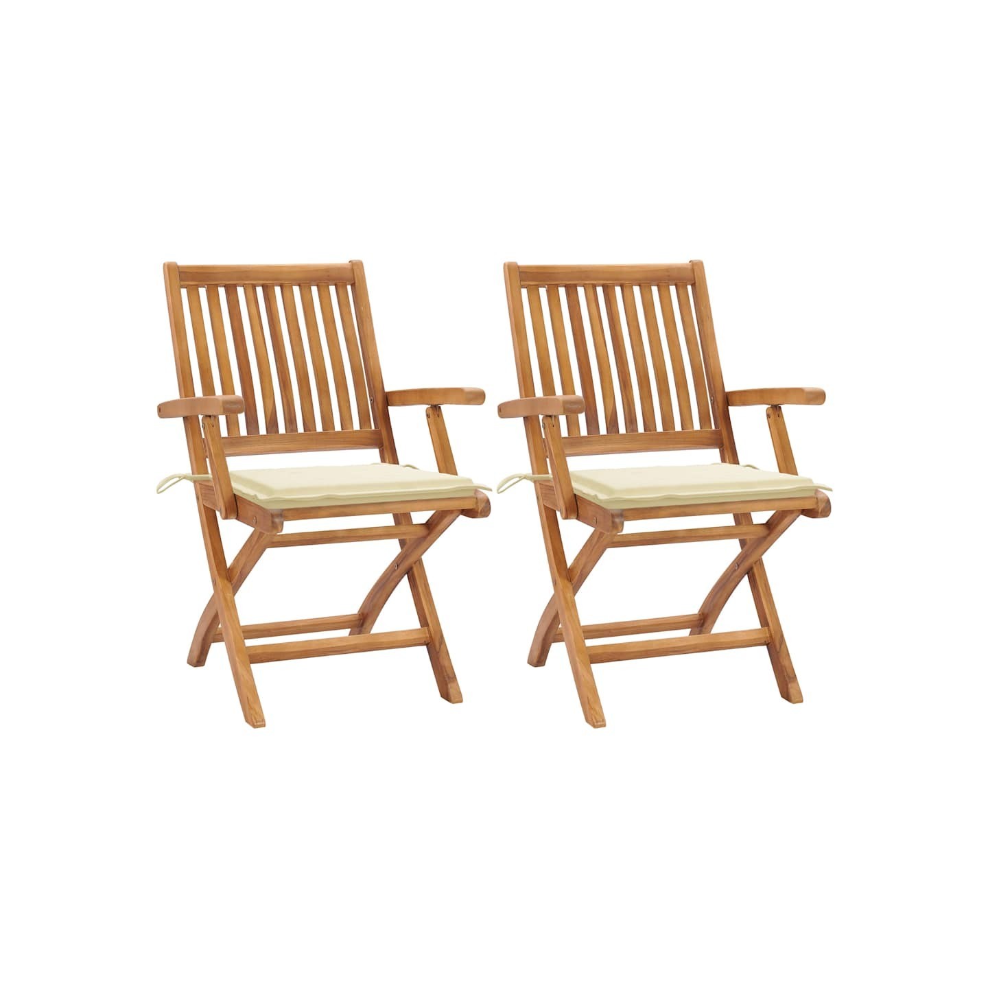 Chaises pliantes (lot de 2) avec coussins crème, en bois de teck massif