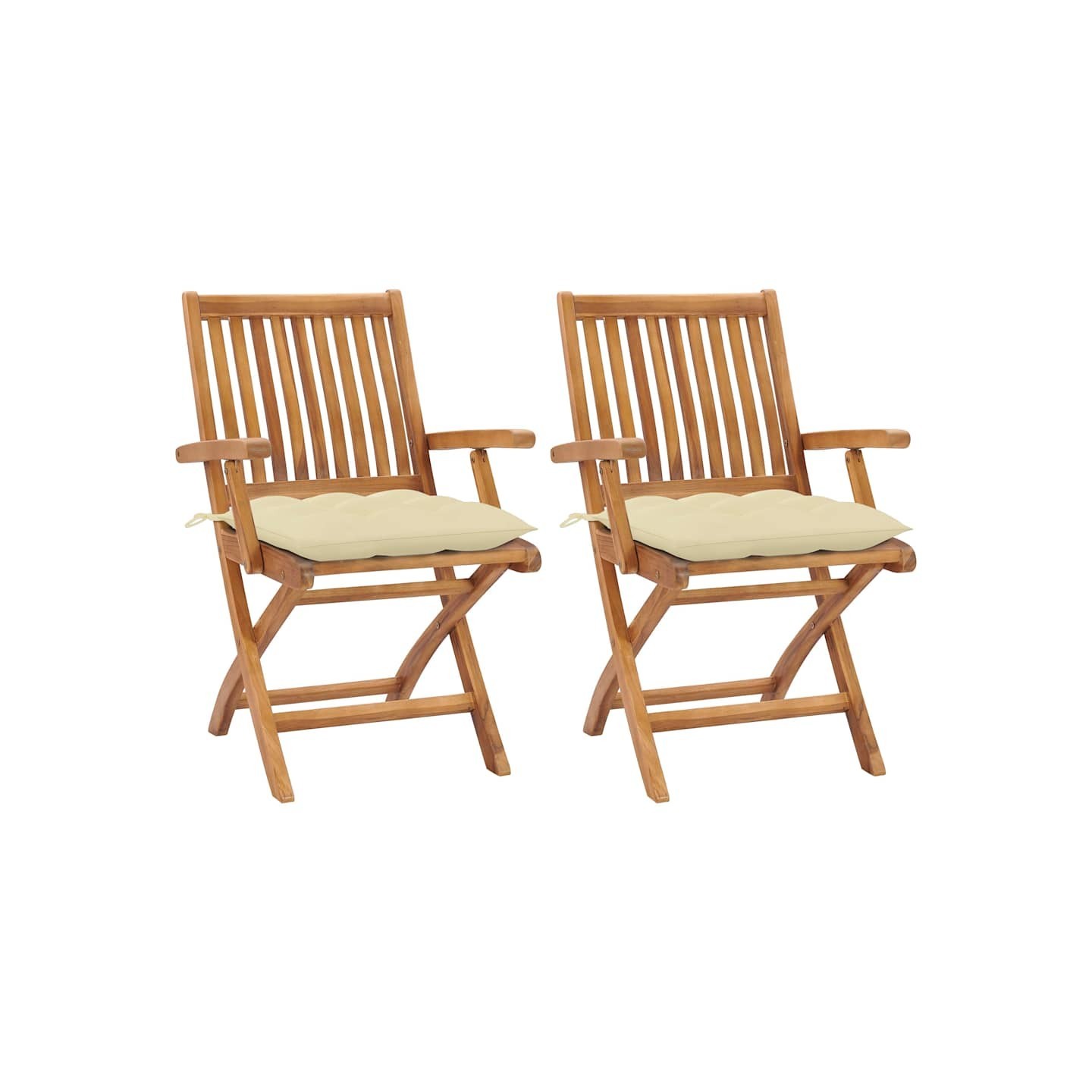 Chaises pliantes (lot de 2) avec coussins blanc crème, en bois de teck massif