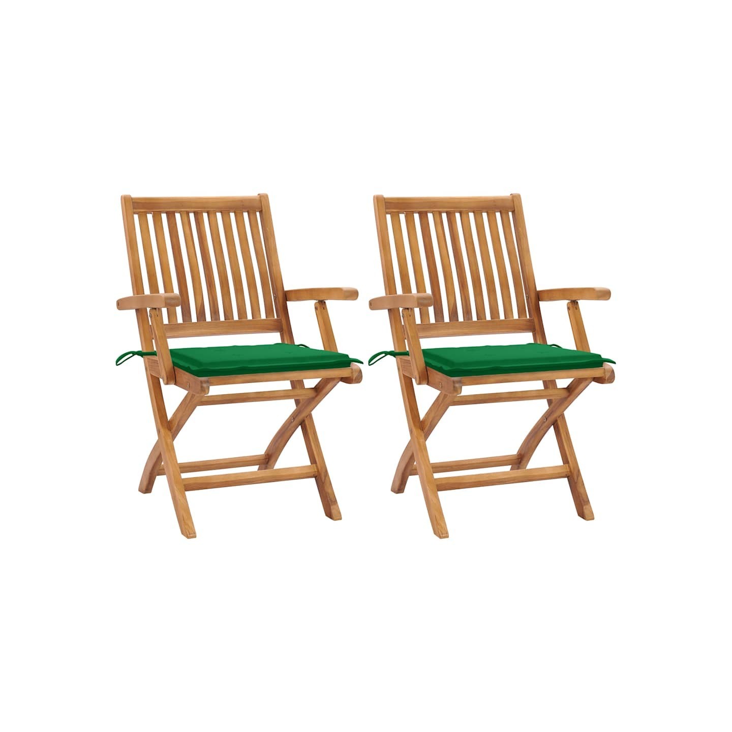 Chaises pliantes (lot de 2) avec coussins verts, en bois de teck massif