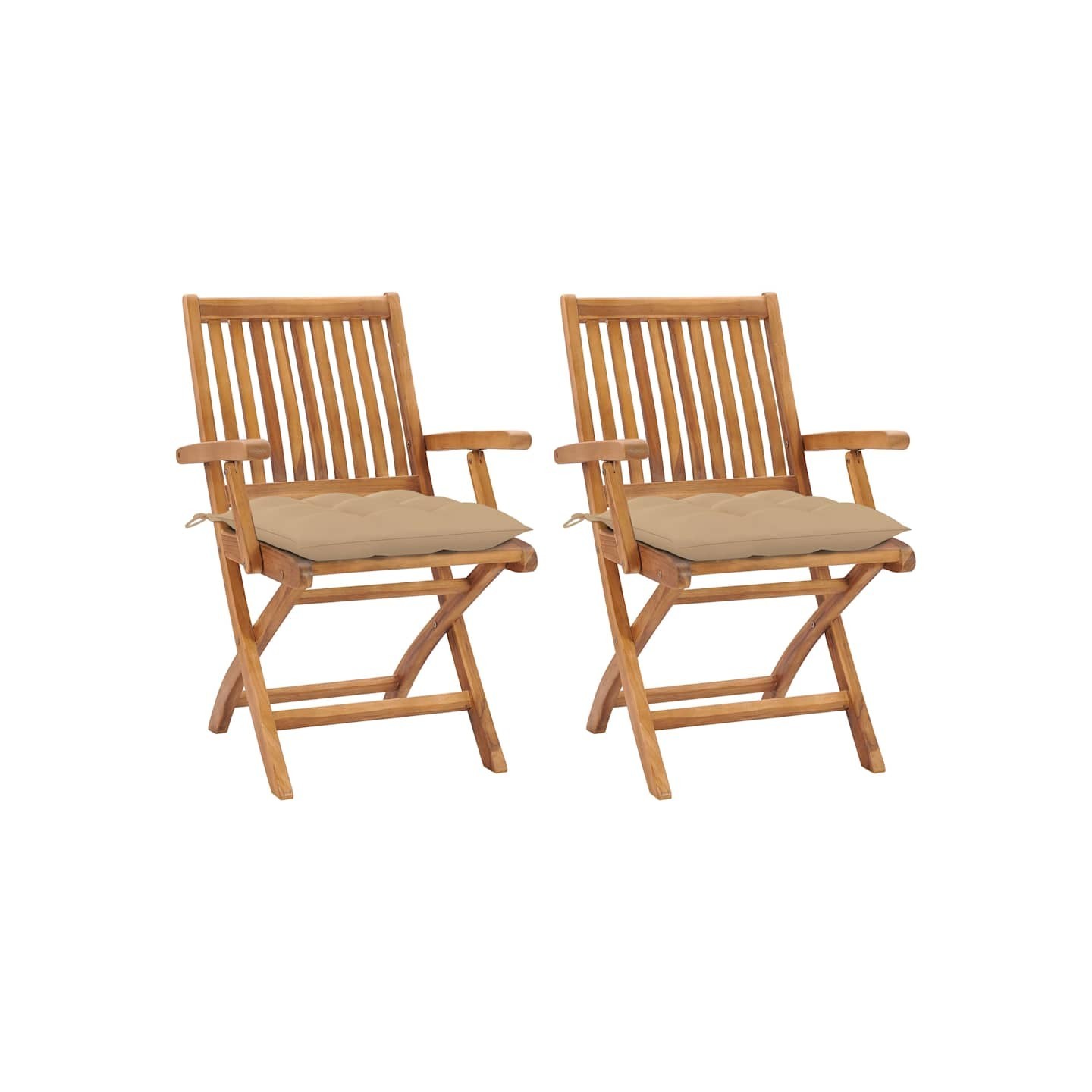 Chaises pliantes (lot de 2) avec coussins beiges, en teck massif