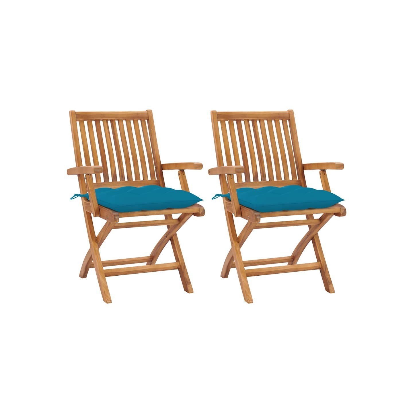 Chaises pliantes (lot de 2) avec coussins bleu clair, en bois de teck massif