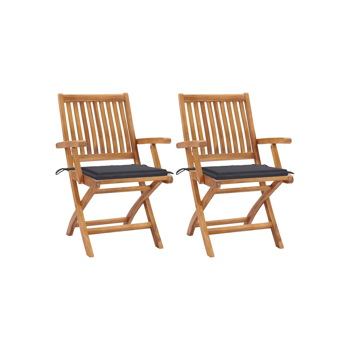 Chaises pliantes (lot de 2) avec coussins anthracite, en teck massif