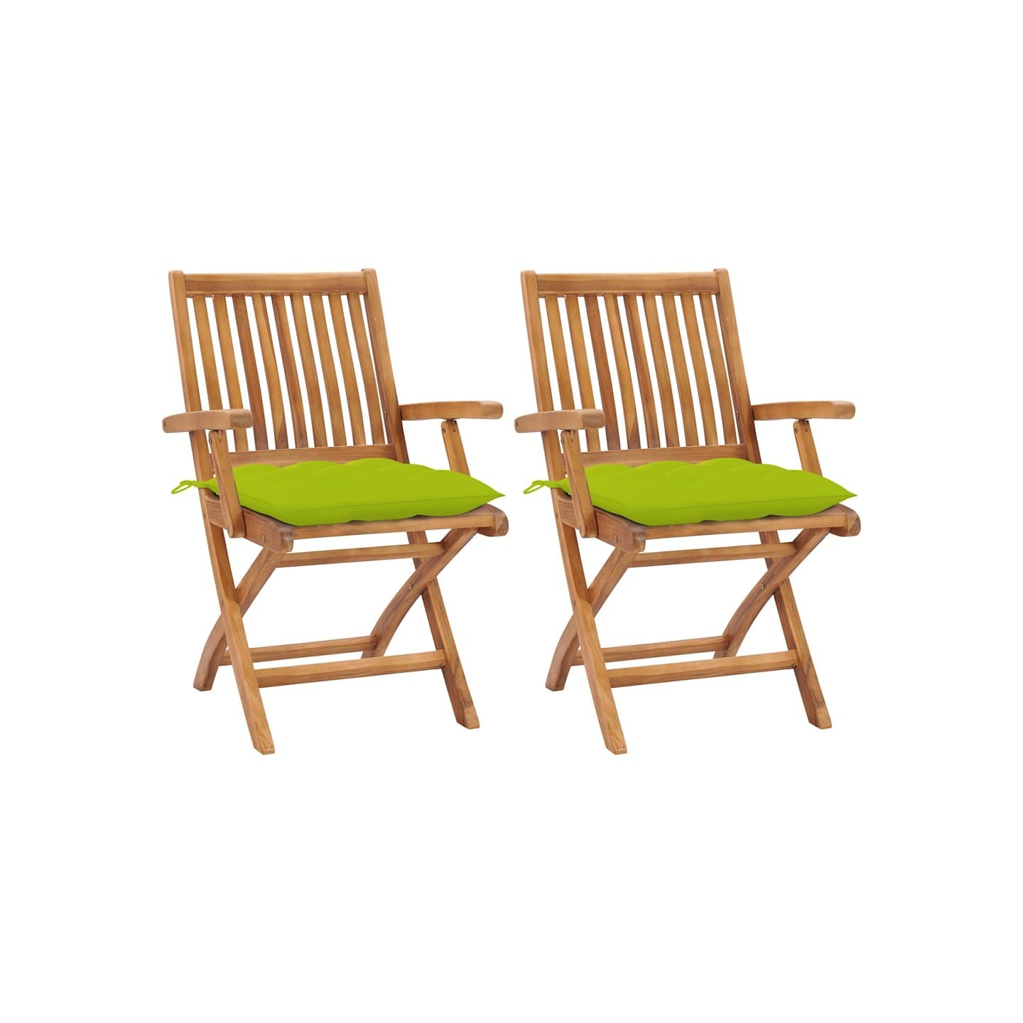 Chaises pliantes (lot de 2) avec coussins vert vif, en bois de teck massif