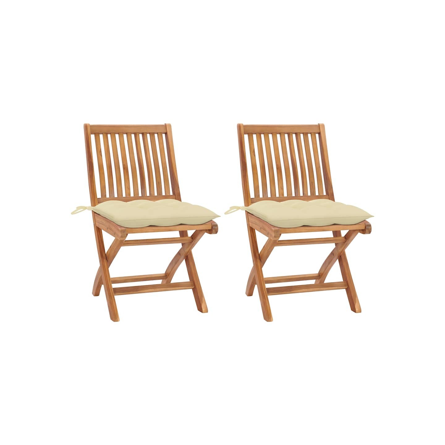 Chaises pliantes (lot de 2) avec coussins blanc crème, en bois de teck massif