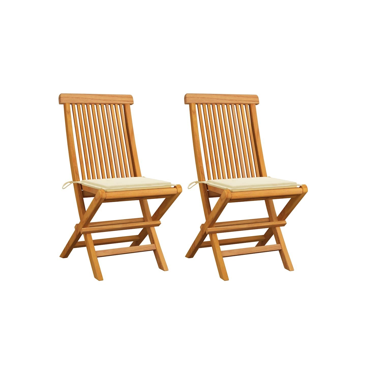 Chaises pliantes avec coussins crème, 2 pièces, en teck massif