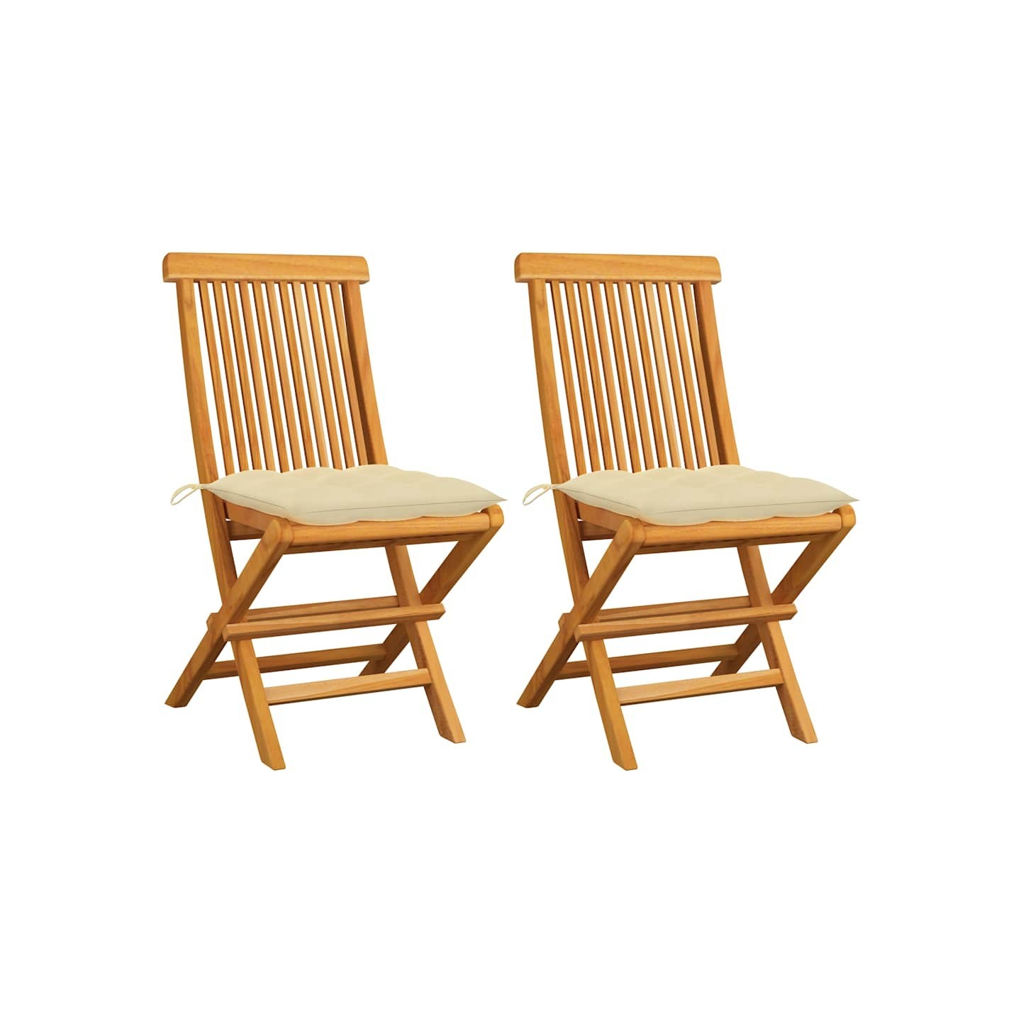 Chaises pliantes avec coussins blanc crème, 2 pièces, en bois de teck massif