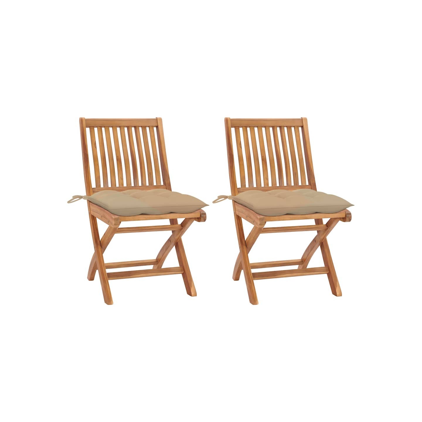 Chaises pliantes (lot de 2) avec coussins beiges, en teck massif