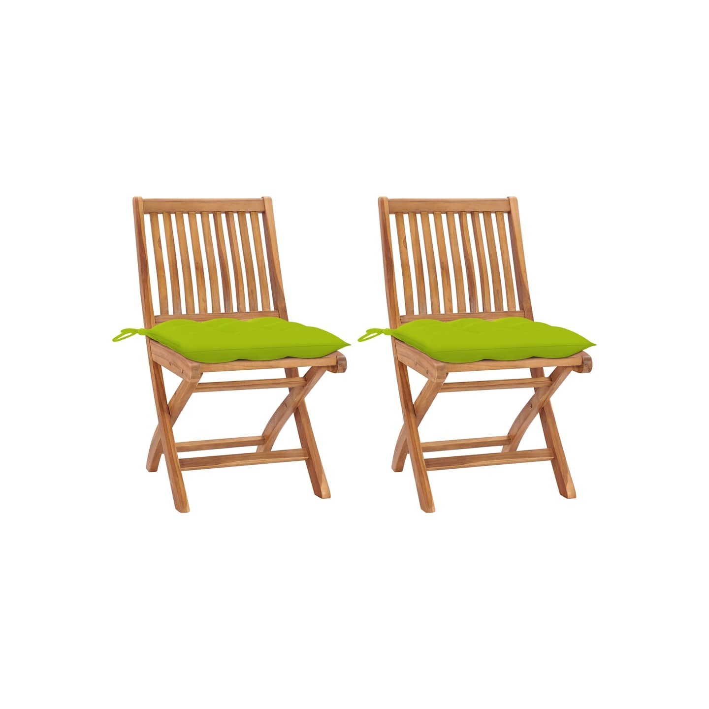 Chaises pliantes (lot de 2) avec coussins vert vif, en bois de teck massif
