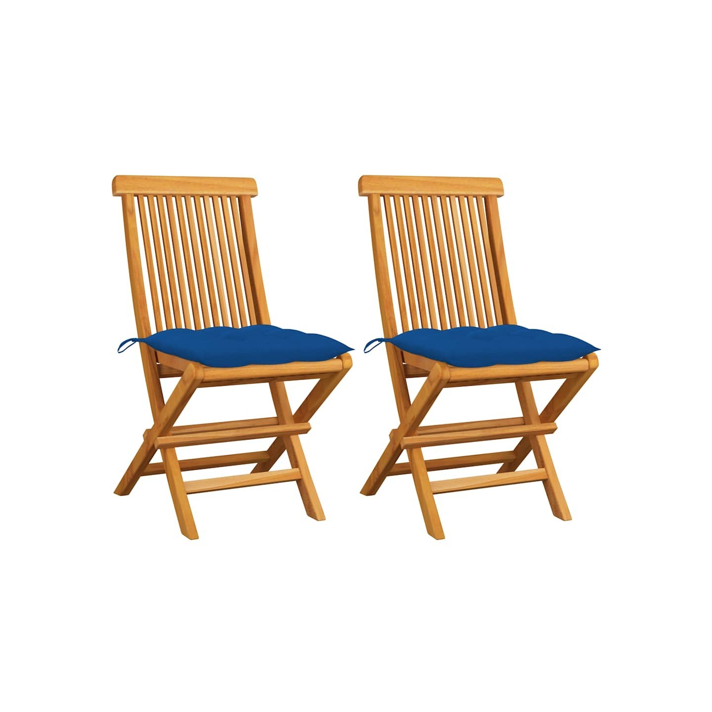 Chaises pliantes avec coussins bleus, 2 pièces, en teck massif