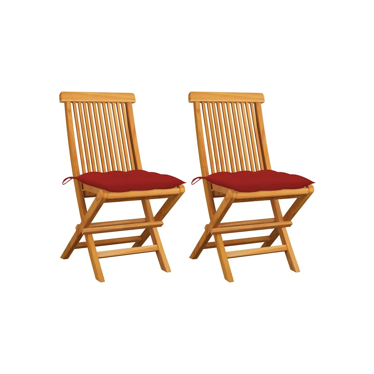 Chaises pliantes avec coussins rouges, 2 pièces, en teck massif