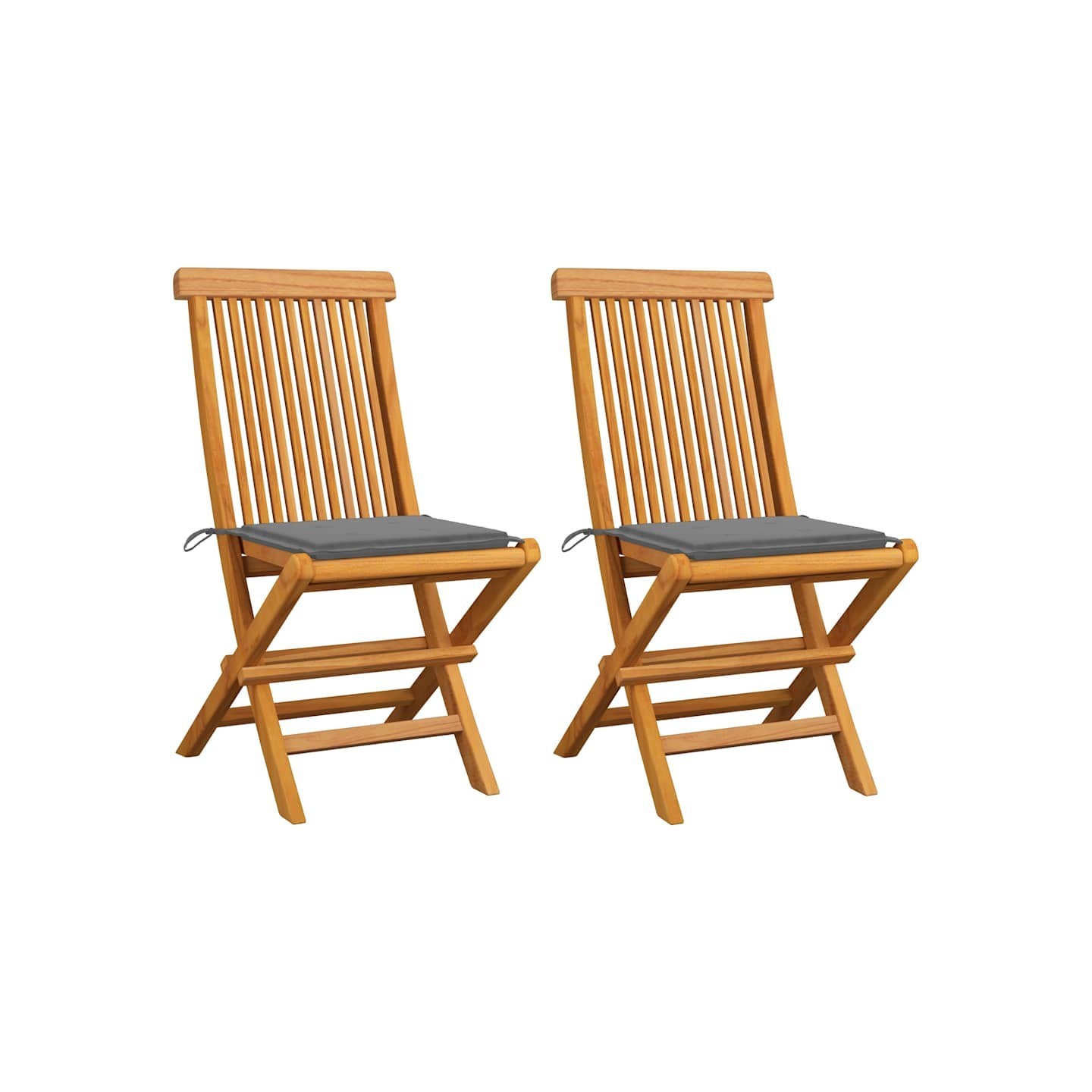 Chaises pliantes avec coussins gris, 2 pièces, en teck massif