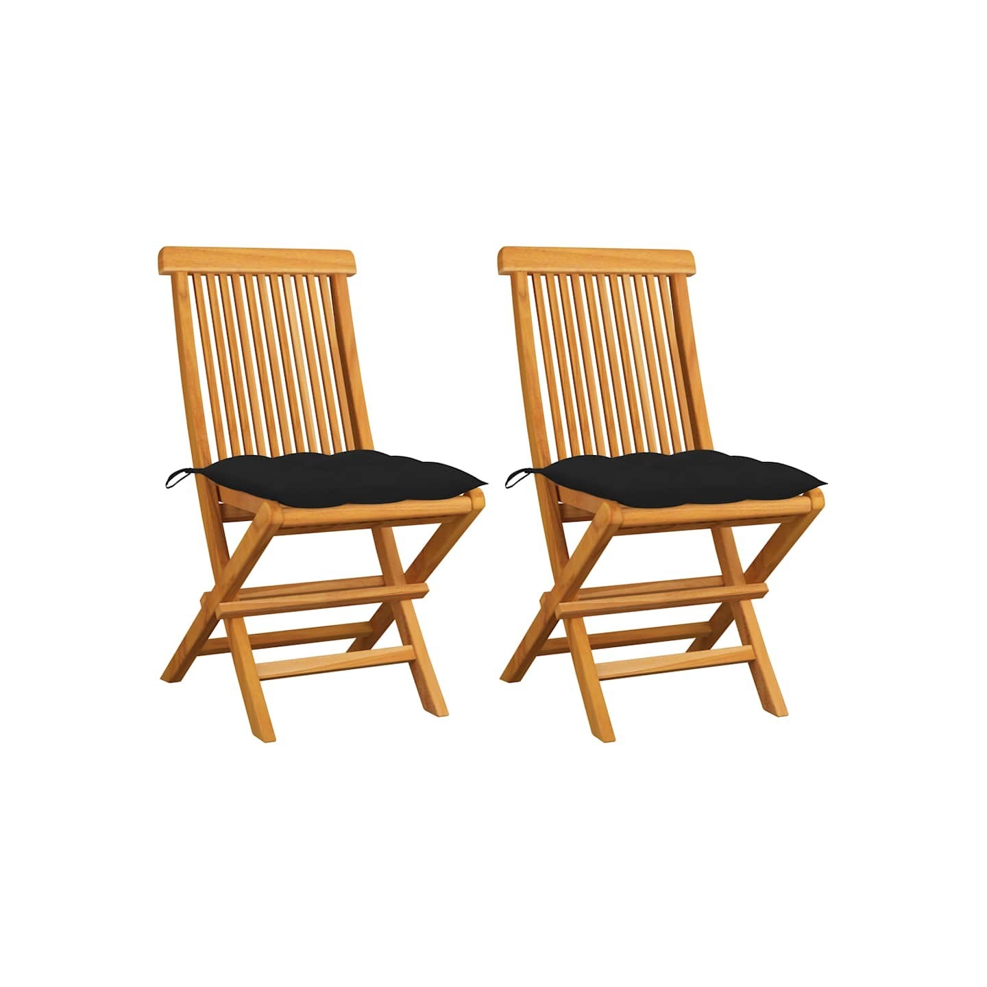 Chaises pliantes avec coussins noirs, 2 pièces, en teck massif