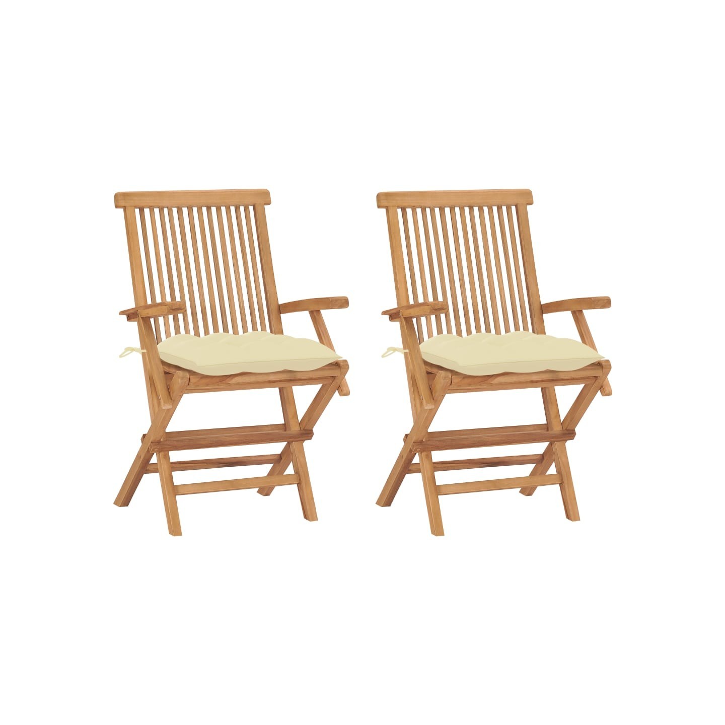 Chaises pliantes avec coussins blanc crème, 2 pièces, en bois de teck massif