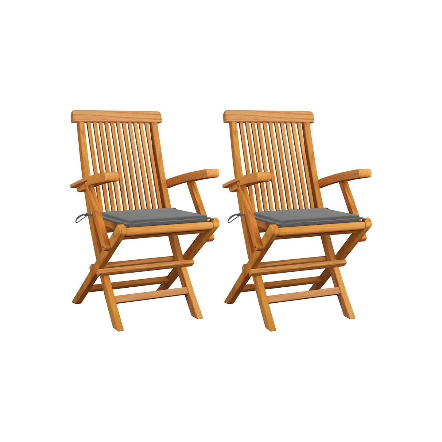 Chaises pliantes avec coussins gris, 2 pièces, en teck massif