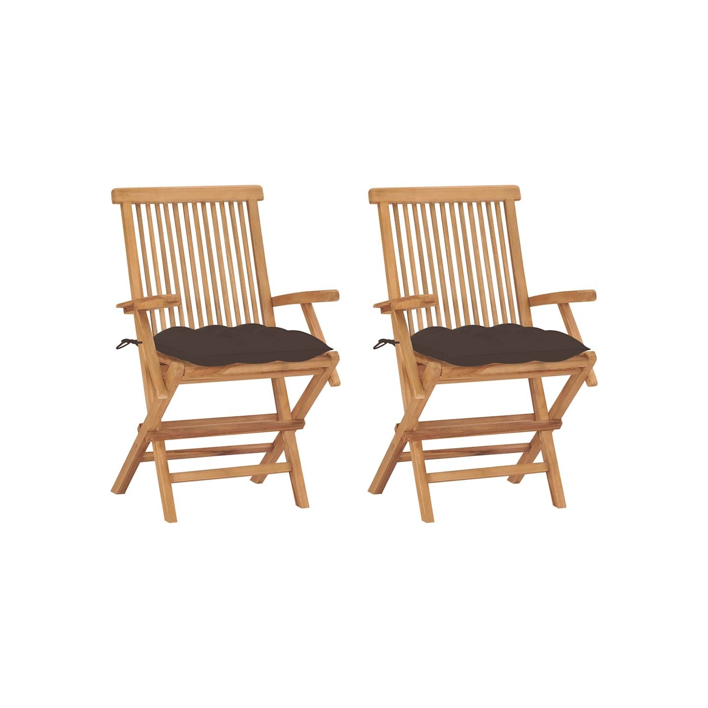 Chaises pliantes avec coussins taupe, 2 pièces, en bois de teck massif