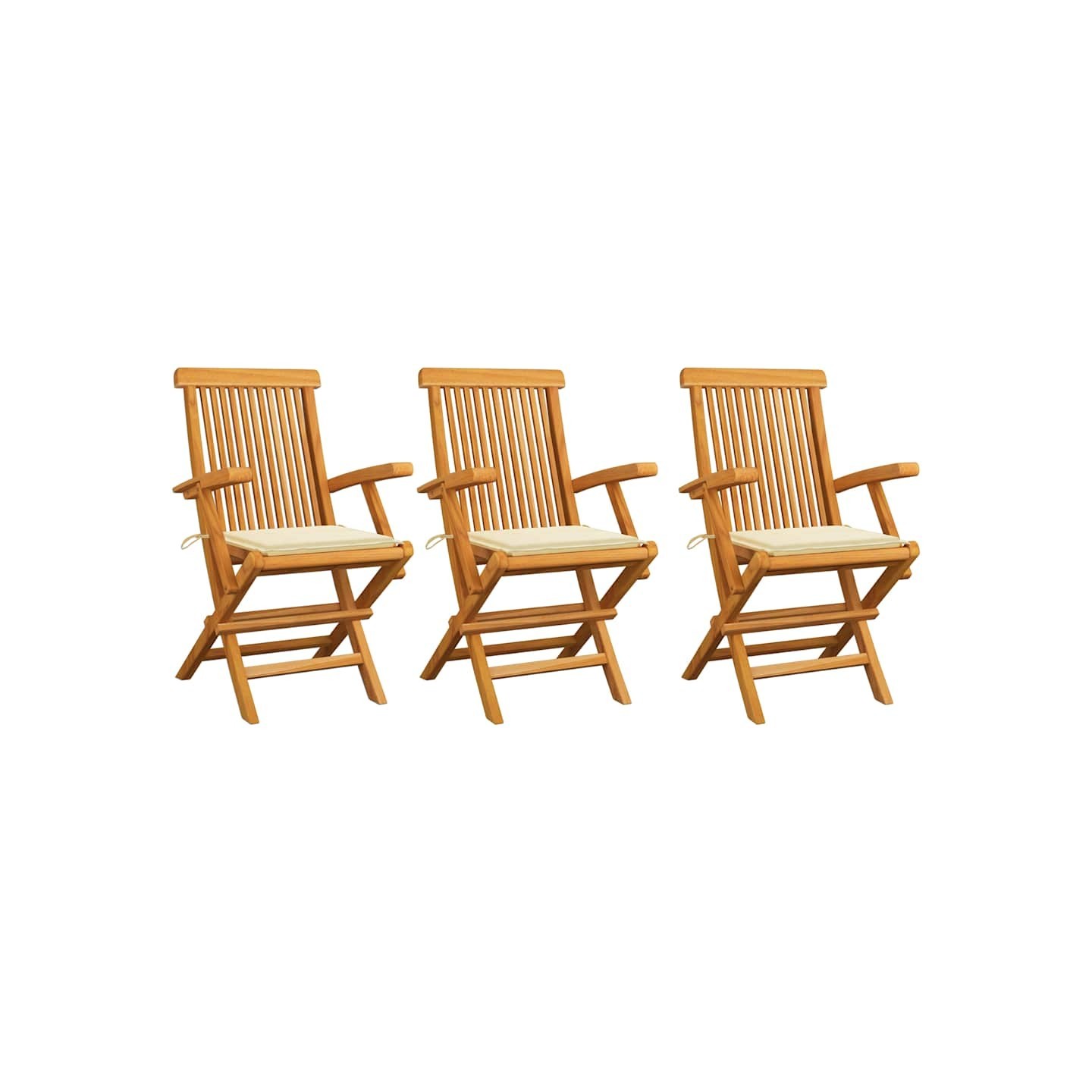 Chaises pliantes avec coussins crème, 3 pièces, en teck massif