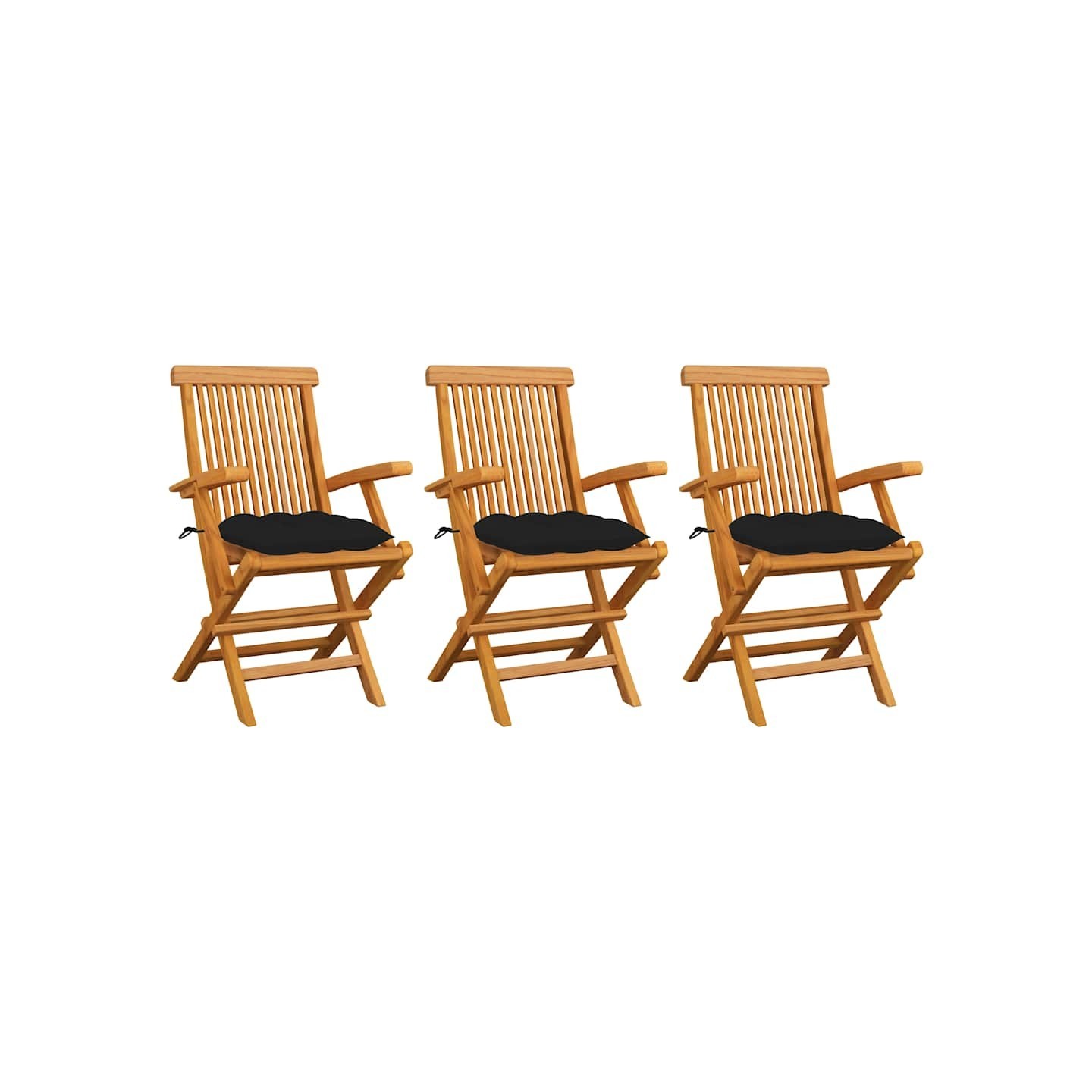 Chaises pliantes avec coussins noirs 3 pcs teck massif