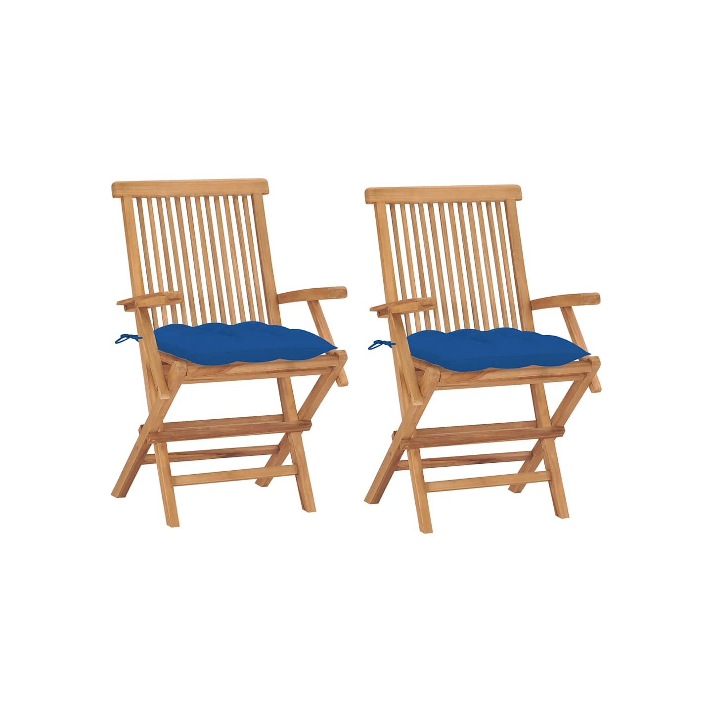 Chaises pliantes avec coussins bleus, 2 pièces, en teck massif