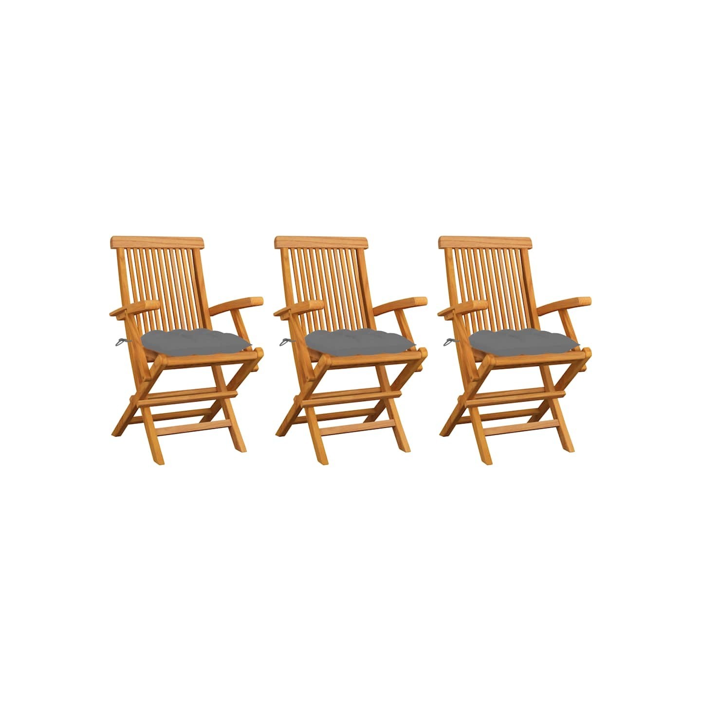 Chaises pliantes avec coussins gris, 3 pièces, en teck massif