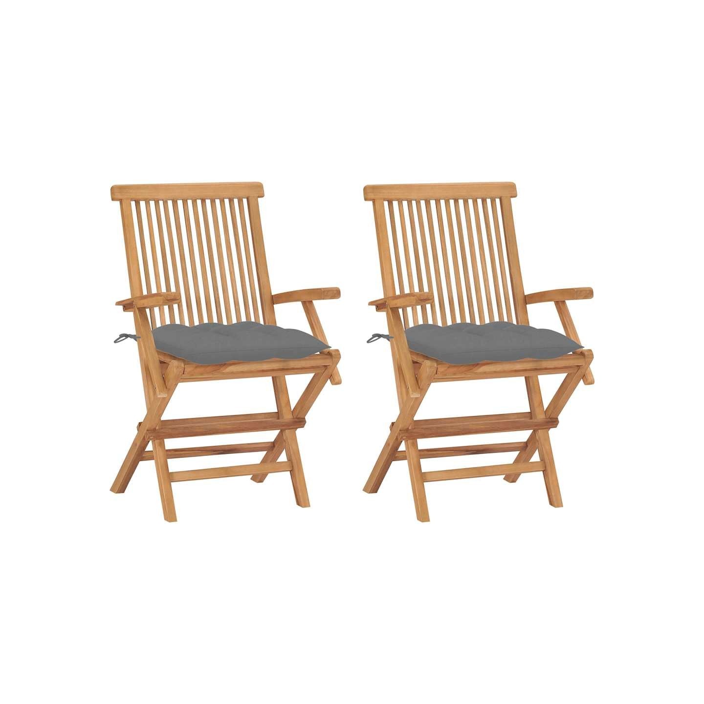 Chaises pliantes avec coussins gris, 2 pièces, en teck massif