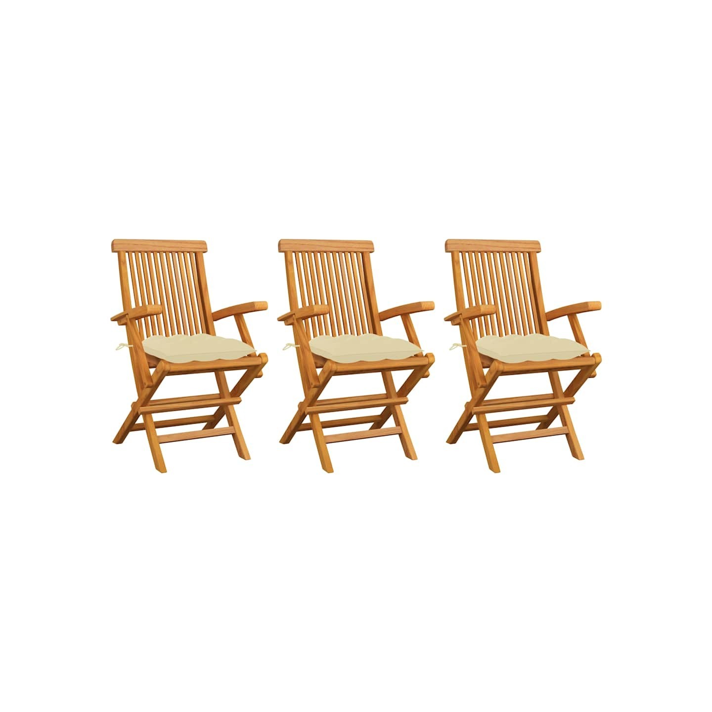 Chaises pliantes avec coussins blanc crème, 3 pièces, en teck massif