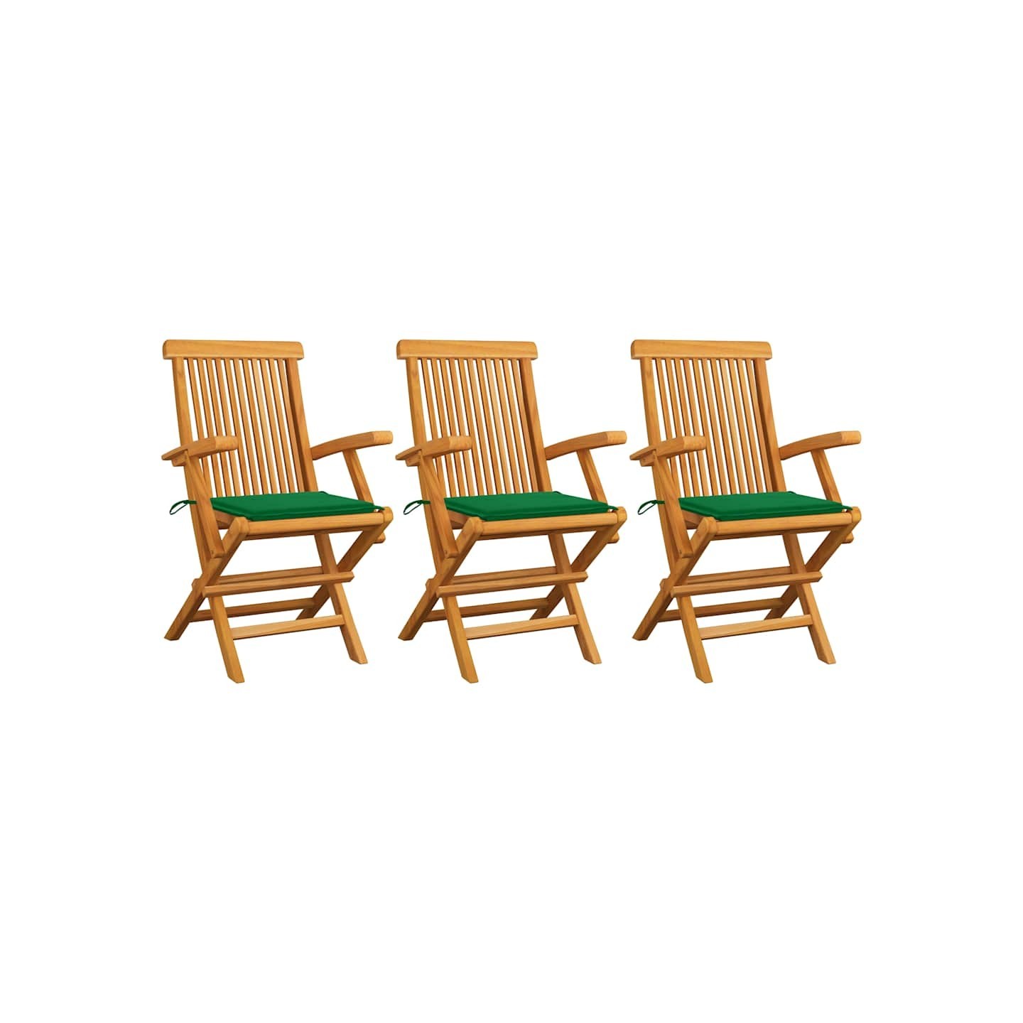Chaises pliantes avec coussins verts 3 pcs teck massif
