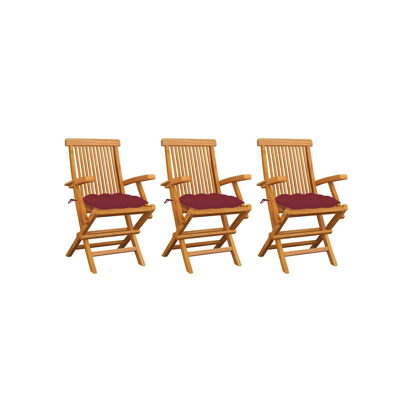 Chaises pliantes avec coussins rouge vin, 3 pièces, en teck massif
